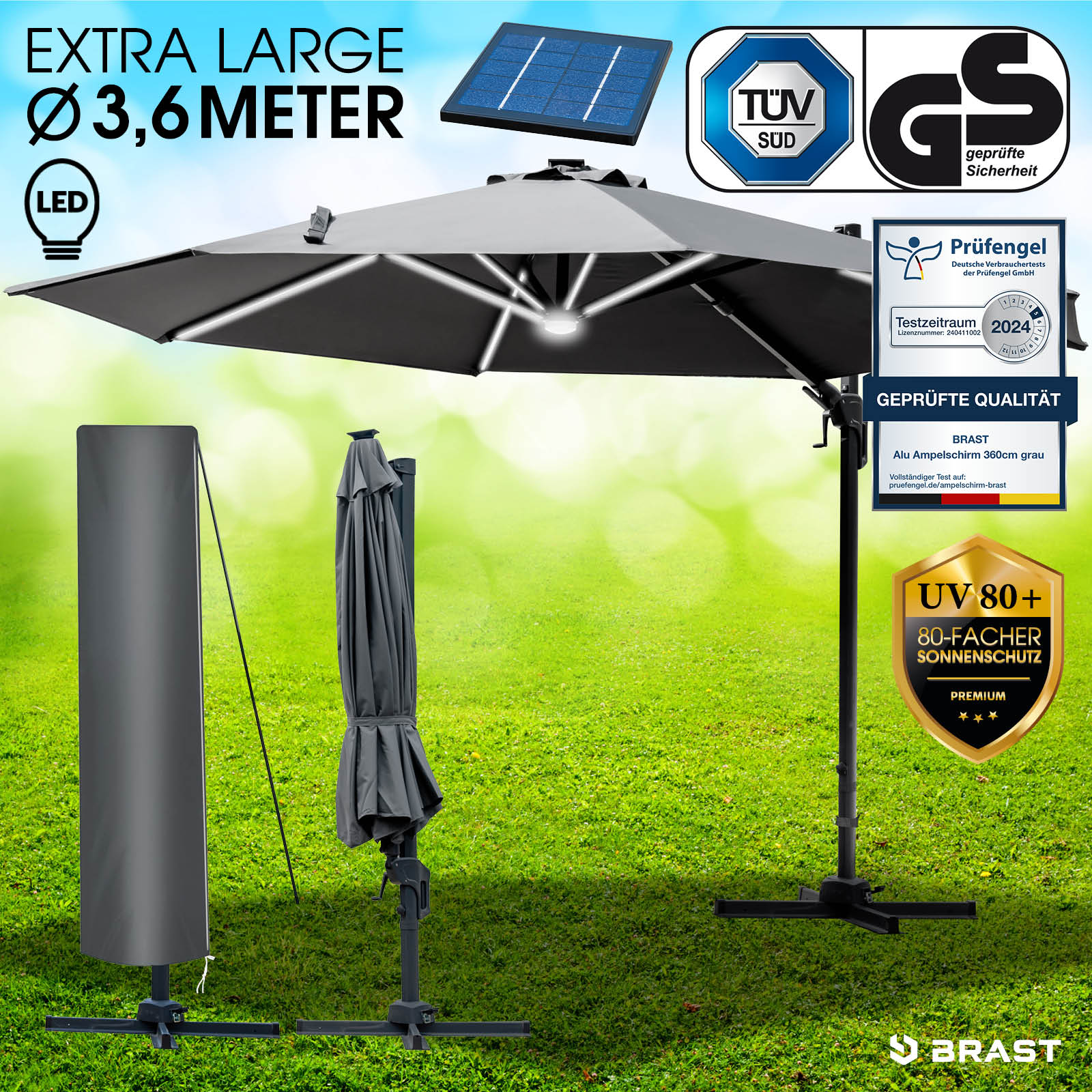 Brast Alu Ampelschirm 360cm grau mit LED-Beleuchtung