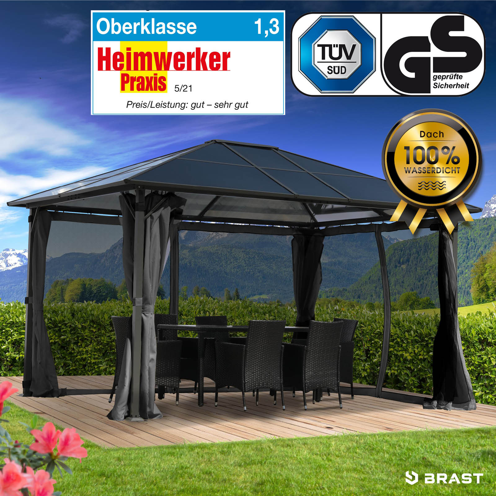 Alu Pavillon PREMIUM mit festem Dach 3x4m grau