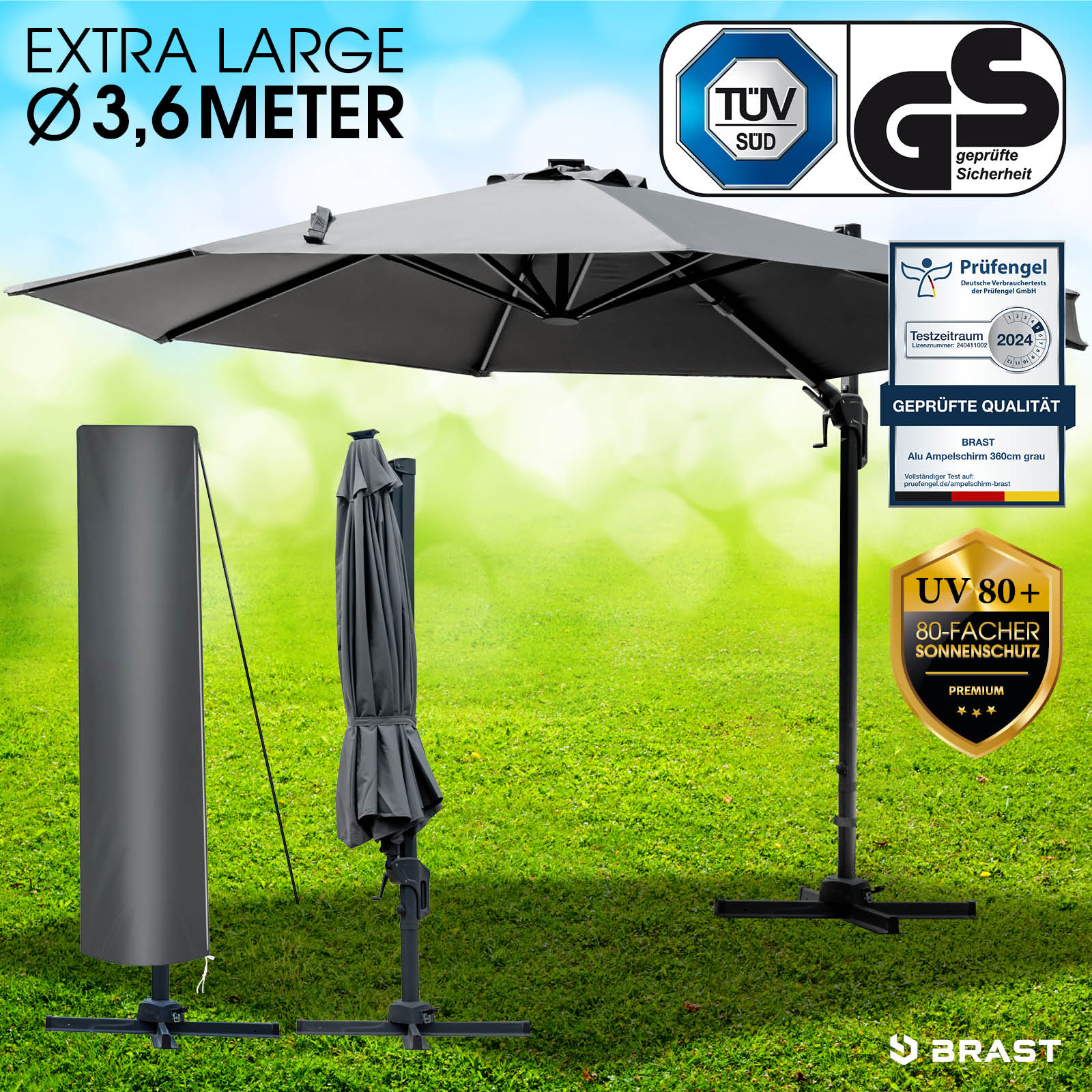 Brast Alu Cantilever Umbrella 360cm Grey