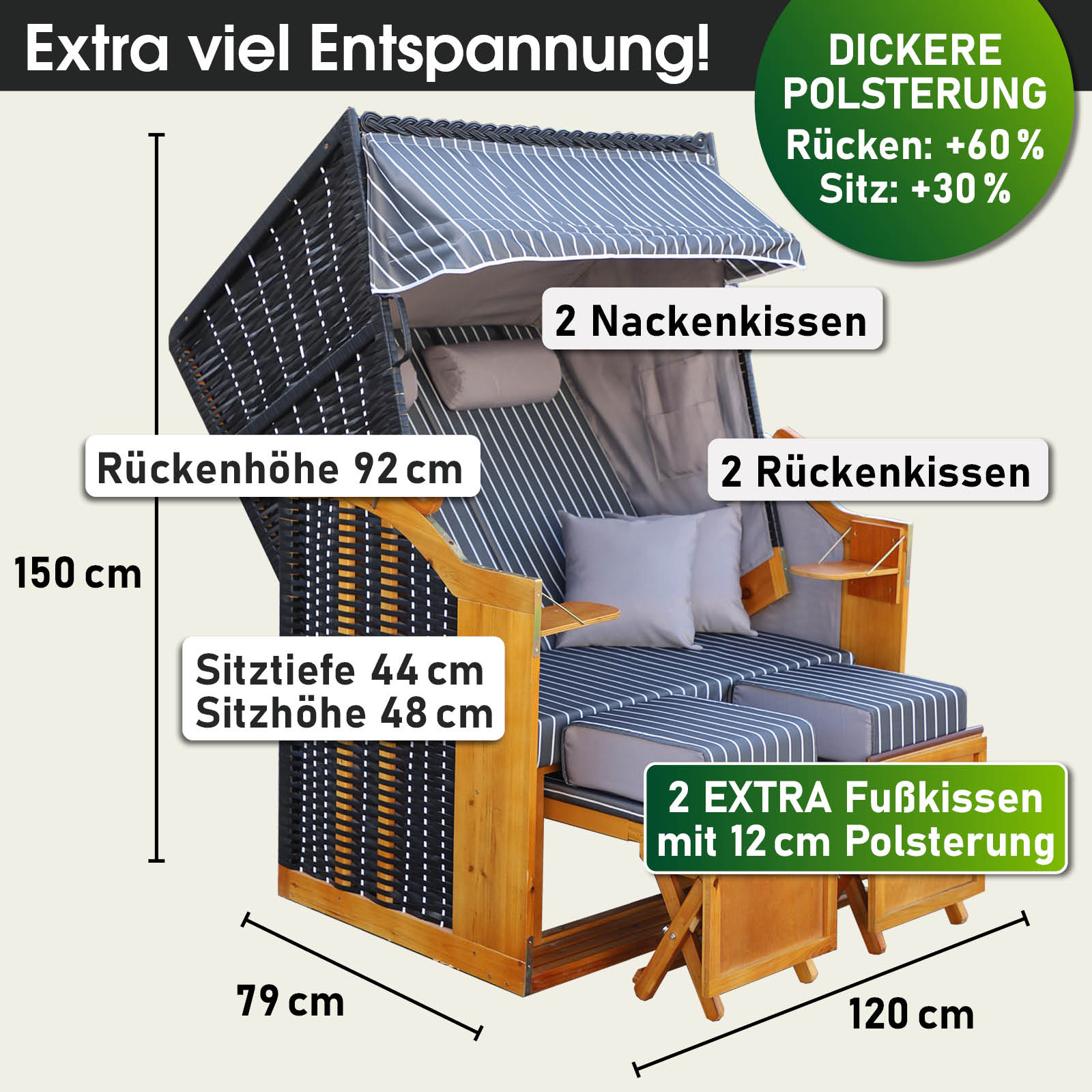 Strandkorb RGEN DELUXE Nadelstreifen anthrazit/wei | brast24.de
