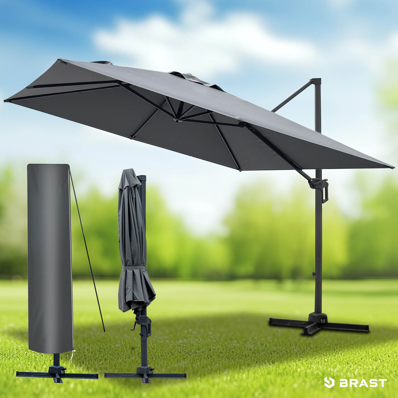 BRAST Rectangular Cantilever Umbrella Gray 3x3m