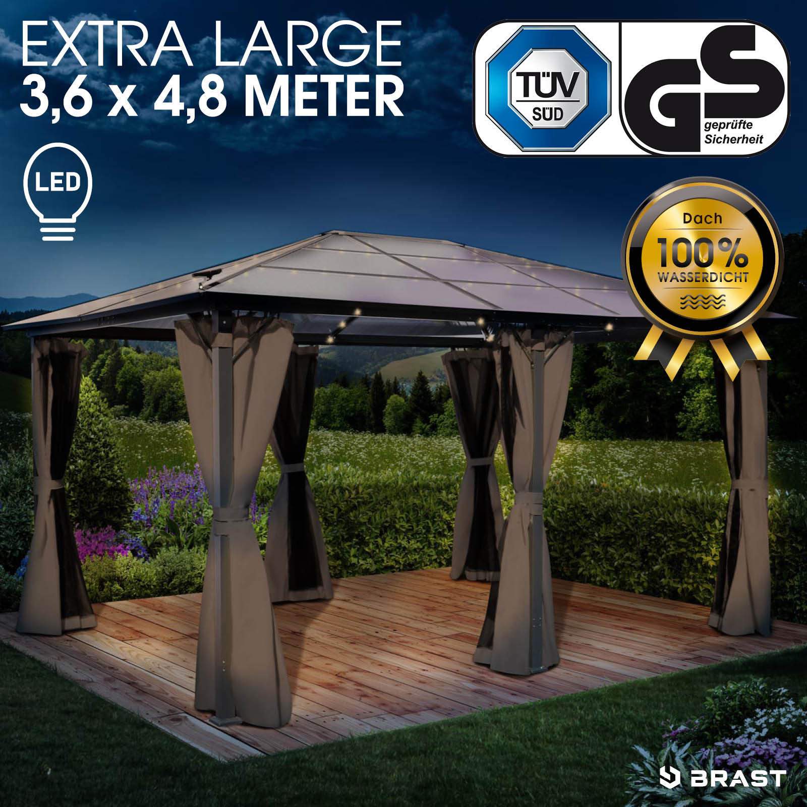 Alu-Pavillon PREMIUM 3,6x4,8m grau inkl. LEDs