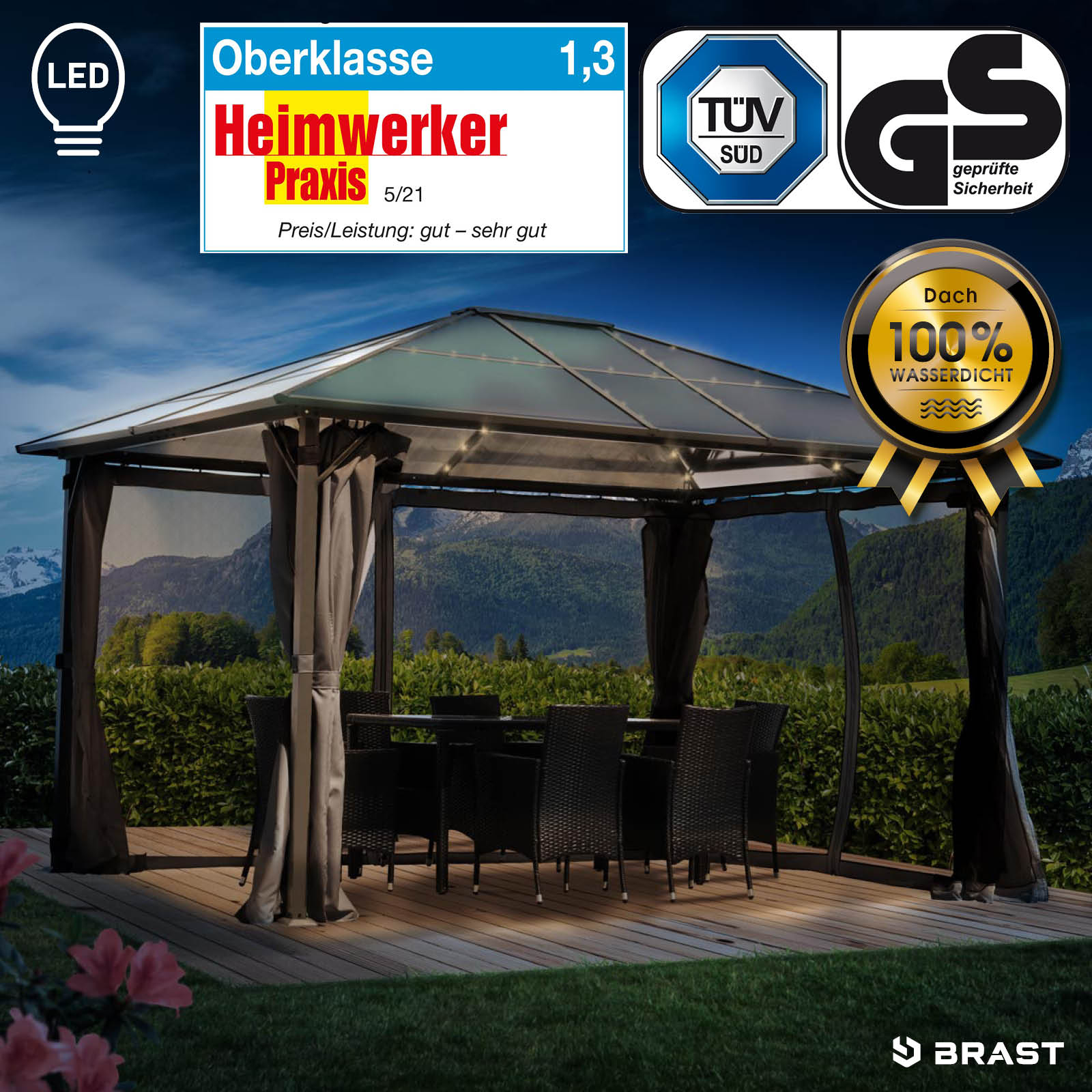 Alu-Pavillon PREMIUM 3x4m grau inkl. LEDs