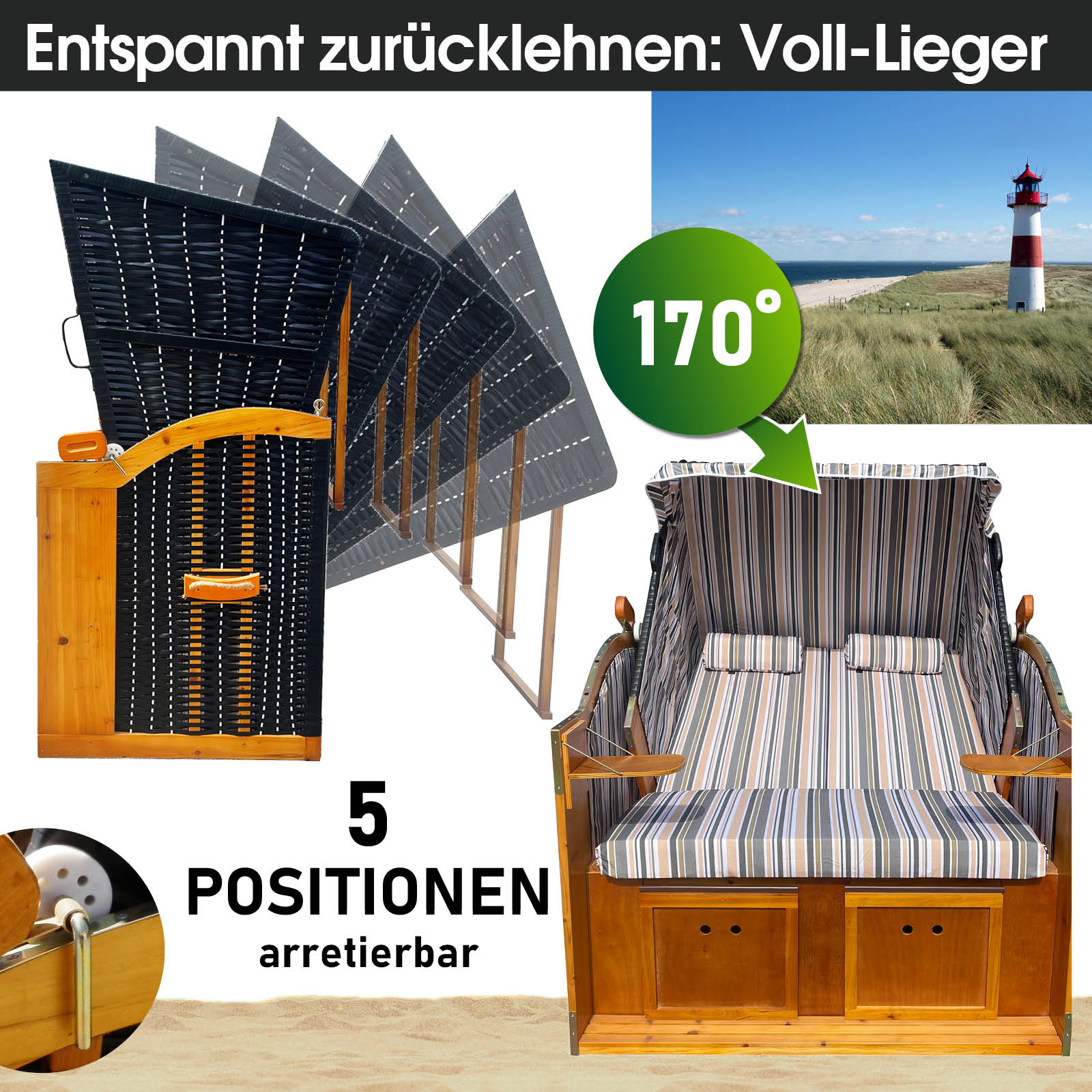 Strandkorb RÜGEN DELUXE grau/blau/olive gestreift | brast24.de