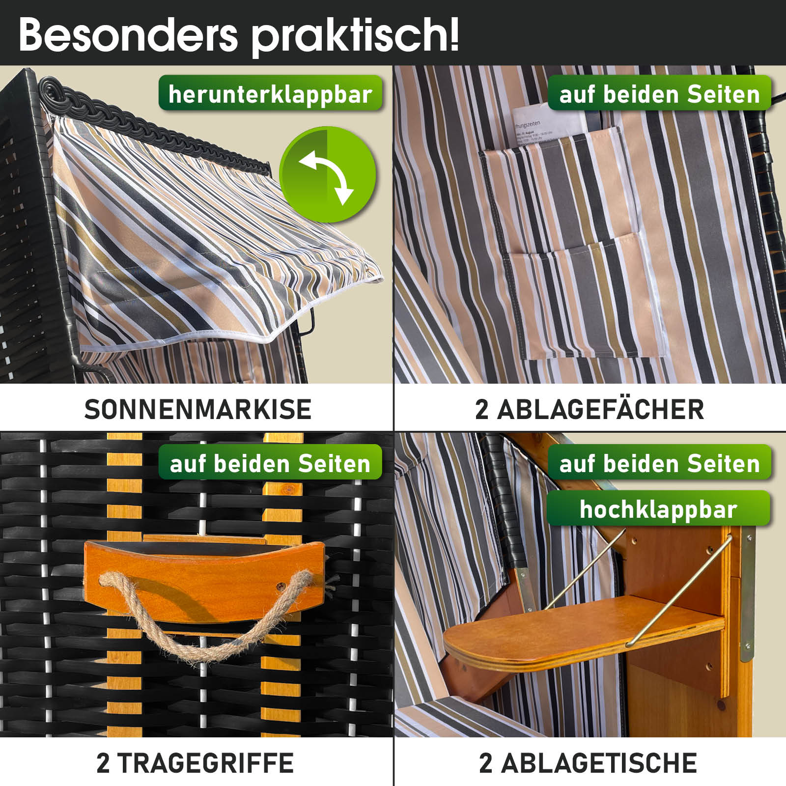 Strandkorb RÜGEN DELUXE grau/blau/olive gestreift | brast24.de