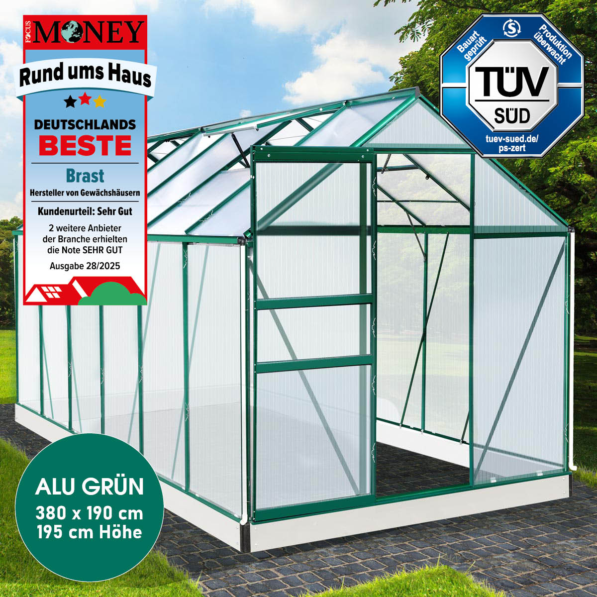 Aluminium-Gewächshaus 380x190x195 grün