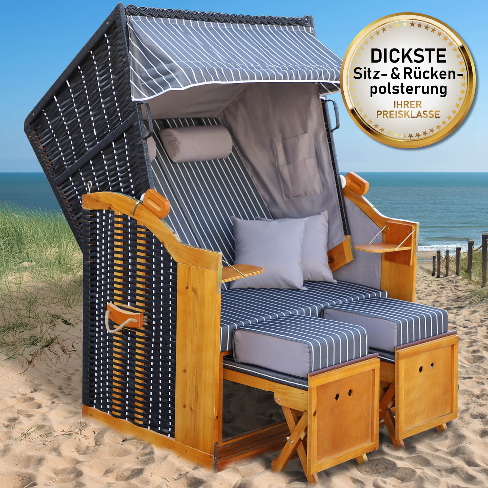 Strandkorb RÜGEN DELUXE Nadelstreifen anthrazit/weiß | brast24.de