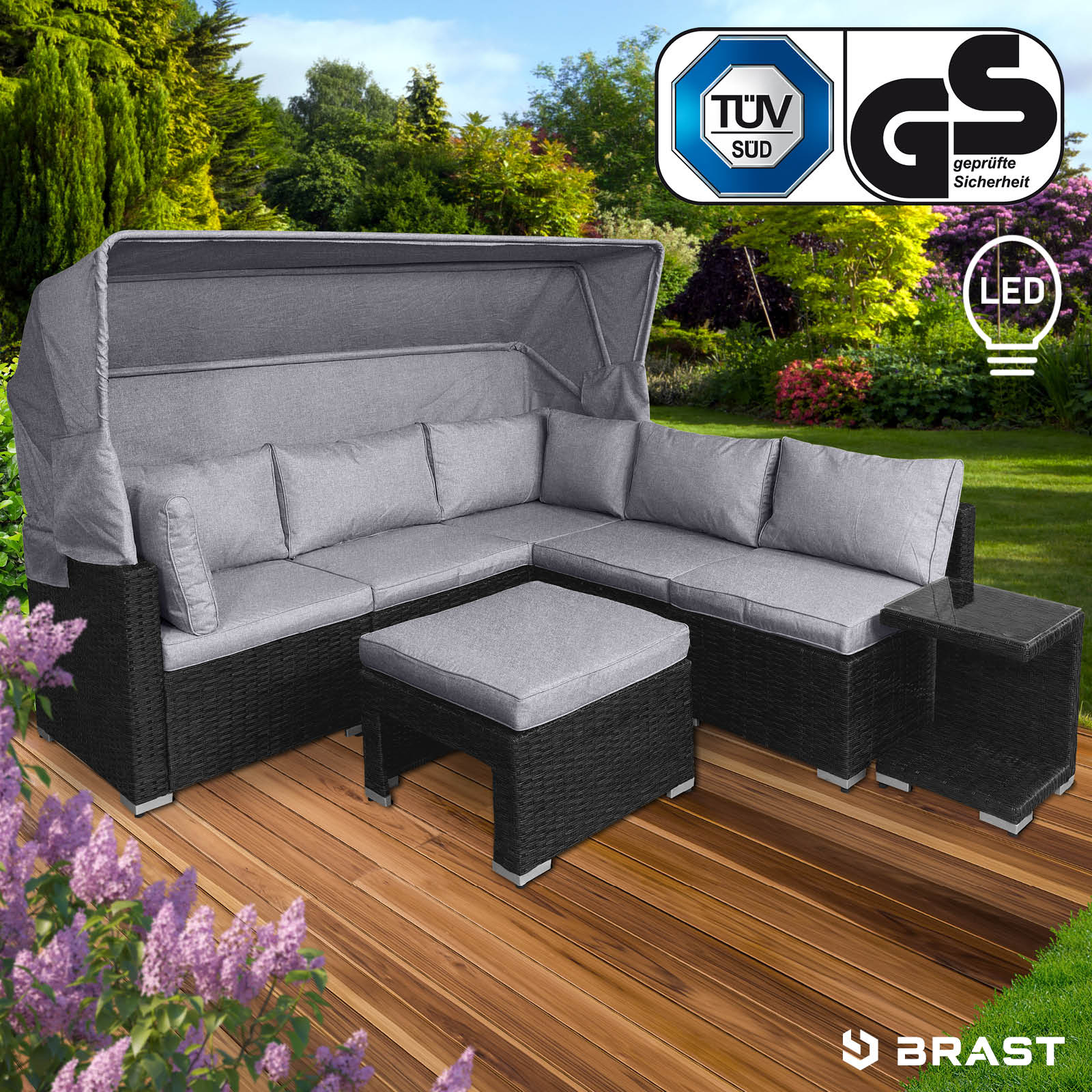 Brast Polyrattan Lounge-Insel mit LED schwarz/grau
