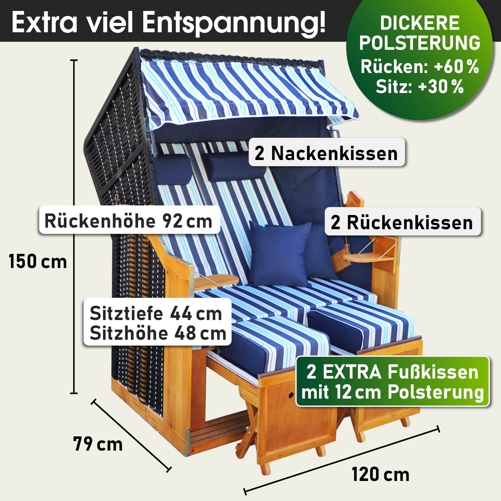 Strandkorb RÜGEN DELUXE blau/hellblau/weiß gestreift | brast24.de