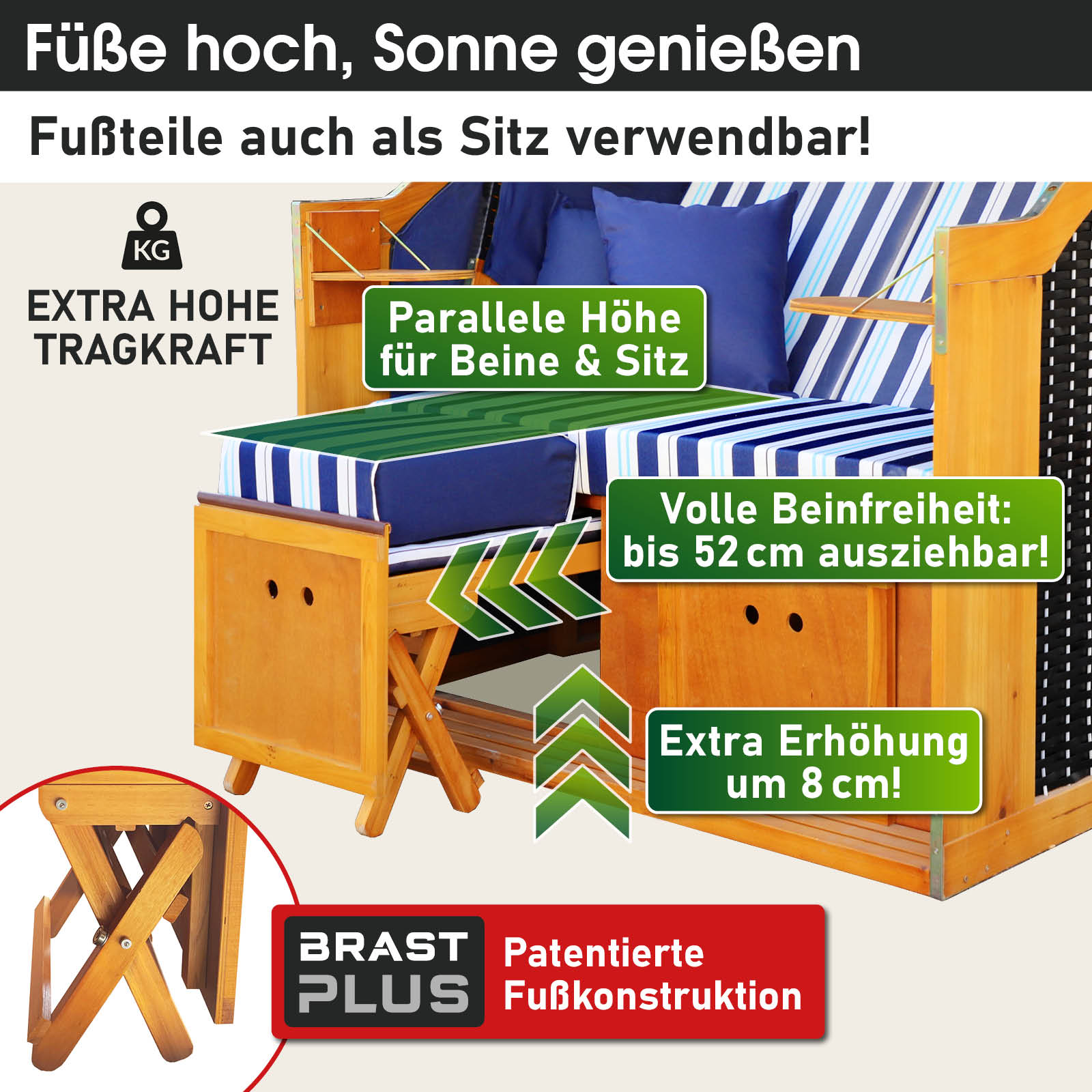 Strandkorb RÜGEN DELUXE blau/hellblau/weiß gestreift | brast24.de