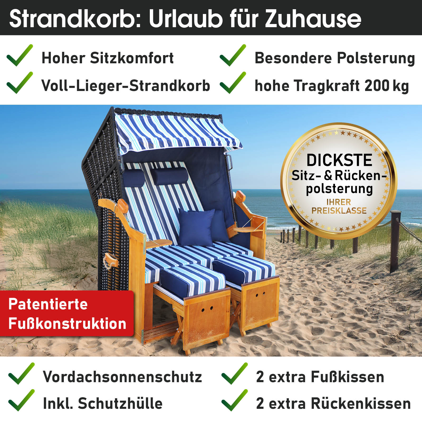 Strandkorb RÜGEN DELUXE blau/hellblau/weiß gestreift | brast24.de