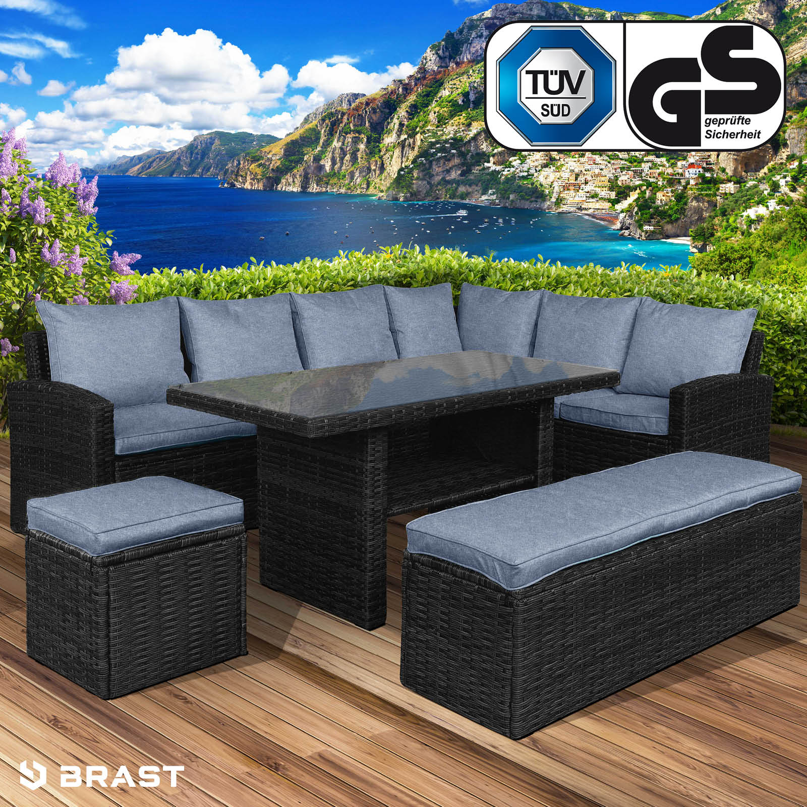 Brast Poly-Rattan Eck Sitzgruppe ECO schwarz/blau