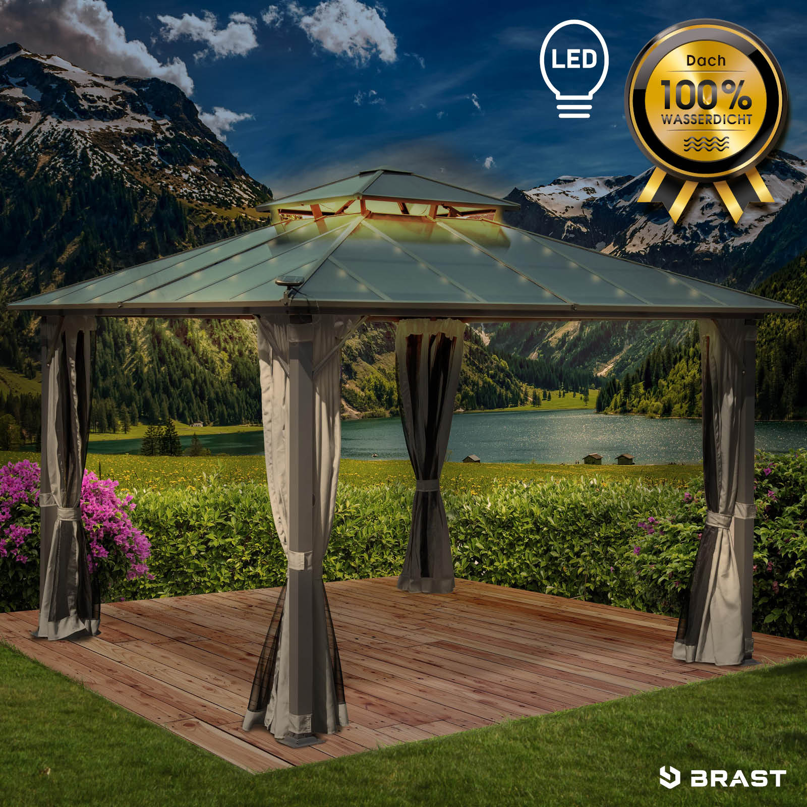 Alu Pavillon PAGODE 3,5x3,5m hellgrau mit Moskitonetz & LED-Beleuchtung