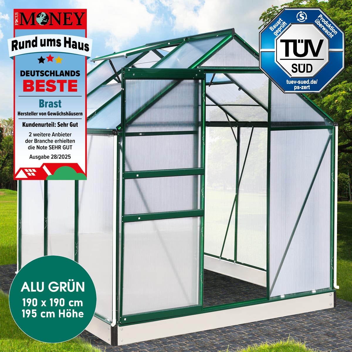 Aluminium-Gewächshaus 190x190x195 grün