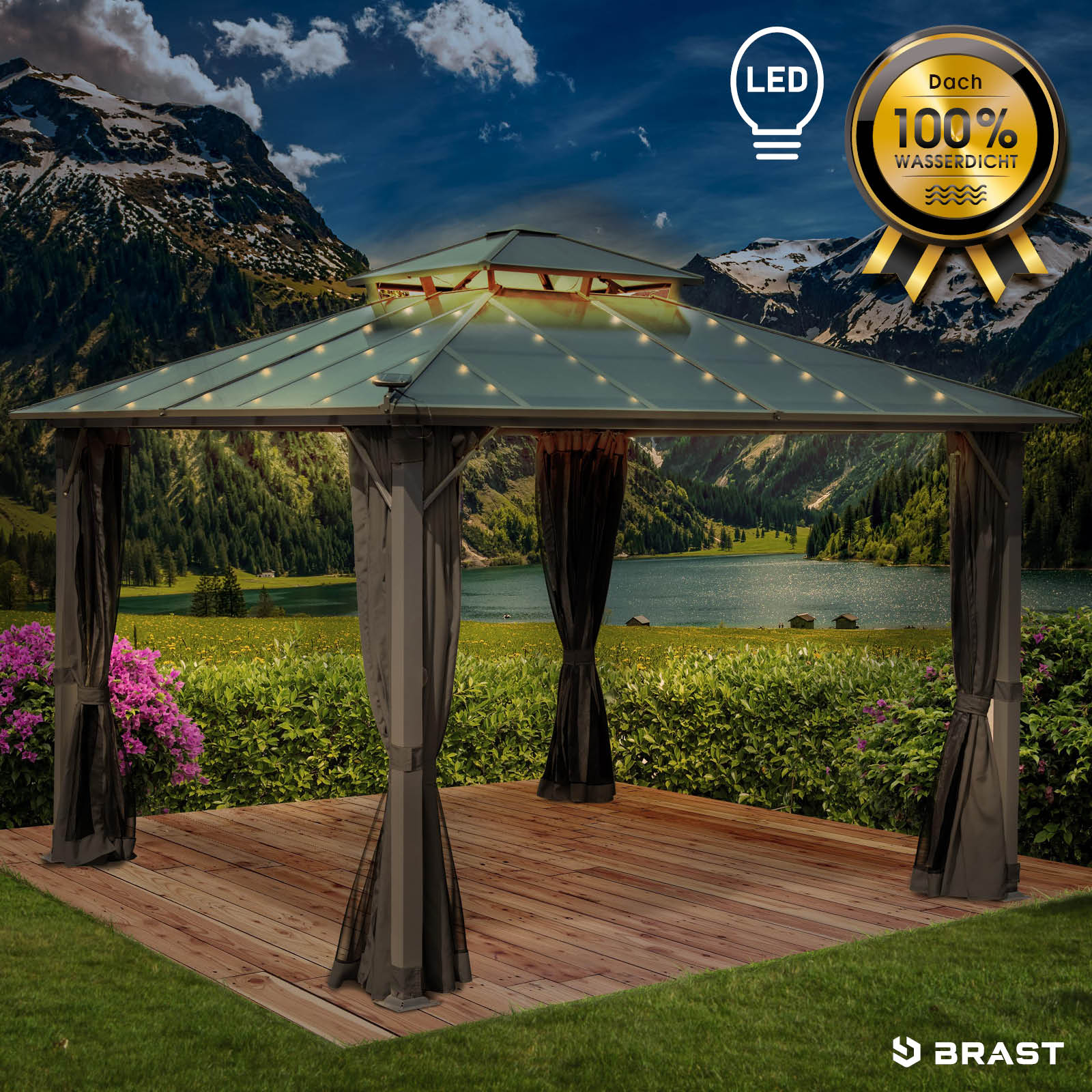 Alu Pavillon PAGODE 3,5x3,5m dunkelgrau mit Moskitonetz und LED-Beleuchtung