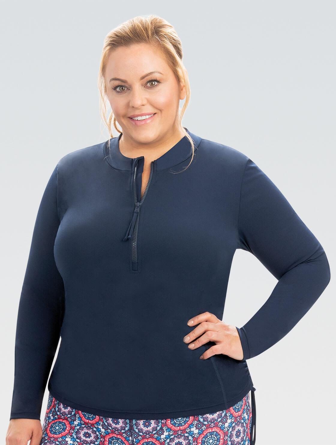 Women s Aquashape Navy Side Ruched Rash Guard Dolfin Swimwear