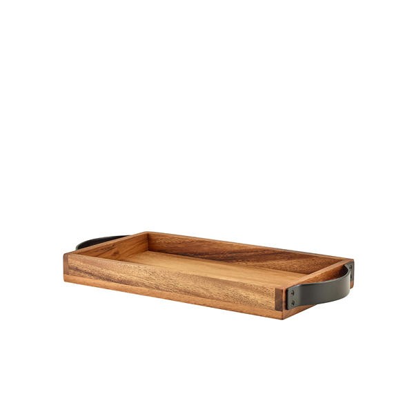 GenWare Acacia Wood Serving Tray with Metal Handles 32.5 x 17.5cm