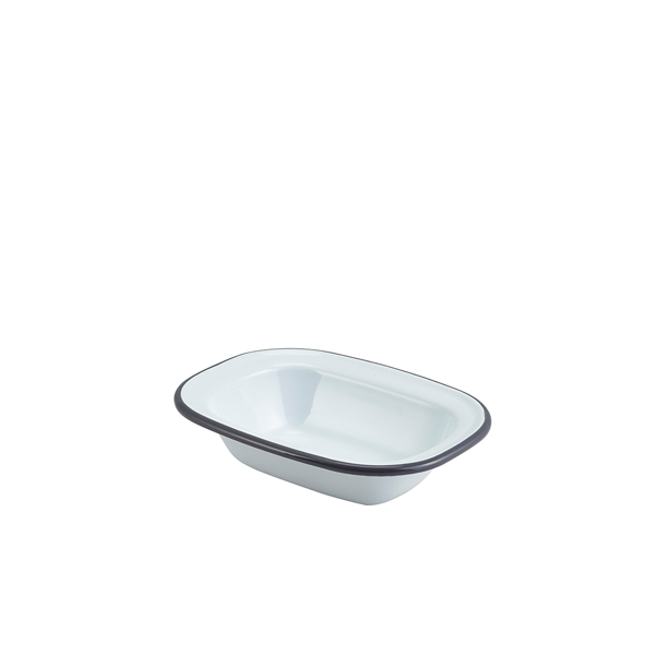 Enamel Rect. Pie Dish White with Grey Rim 16cm