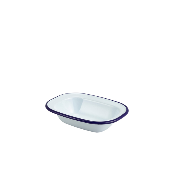 Enamel Rect. Pie Dish White & Blue 16cm