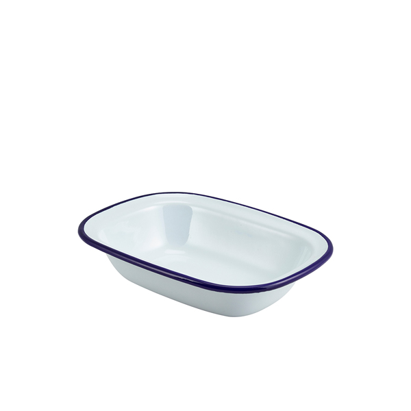 Enamel Rect. Pie Dish White & Blue 20cm
