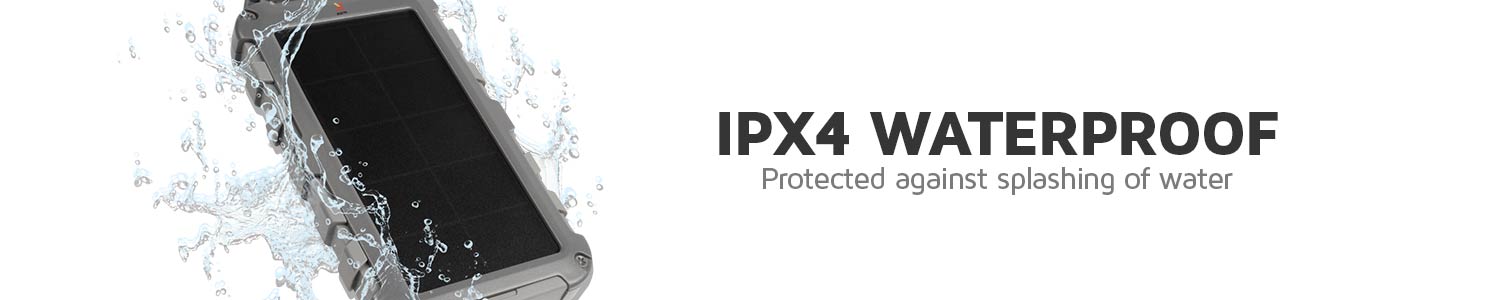 Adventure proof solar charger with IPX4 waterproof rating