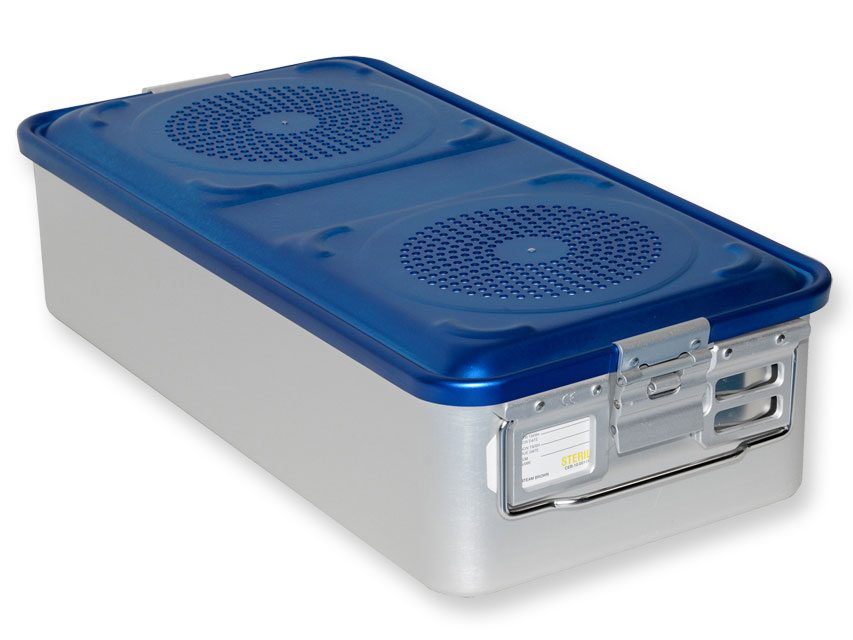 Steriliseringsbehållare med filter, stor, höjd 150 mm – Blå – Perforerad