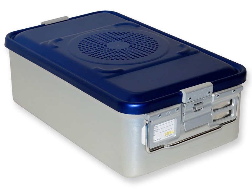 Steriliseringsbehållare med filter, medium, höjd 150 mm – Blå – Perforerad