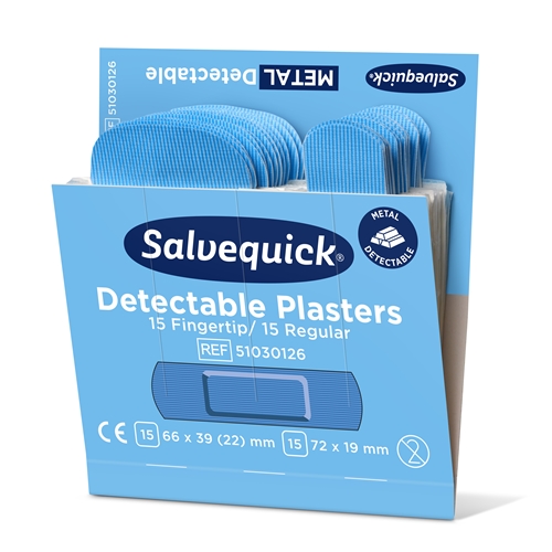 Plåster Salvequick refill – 30 Detectable blå blandad – 180 st