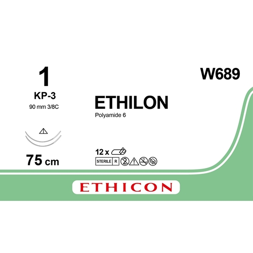 Sutur Ethilon 1 W689 – 75cm svart nål 2xKP-3 – 12 st