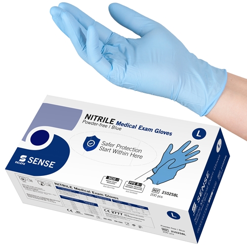 Handske us nitril Selefa pf – L SENSE blå AQL 1,5 – 200 st