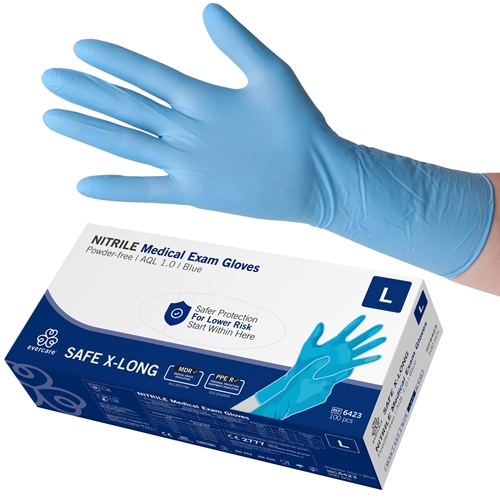 Handske us nitril evercare pf – L SAFE X-LONG blå AQL 1,0 – 100 st