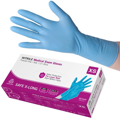 Handske us nitril evercare pf – XS SAFE X-LONG blå AQL 1,0 – 100 st