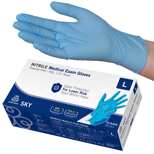 Handske us nitril evercare pf – L SKY blå AQL 1,0 – 100 st