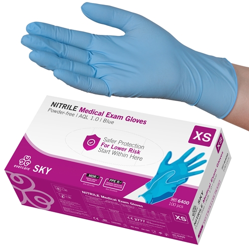 Handske us nitril evercare pf – XS SKY blå AQL 1,0 – 100 st
