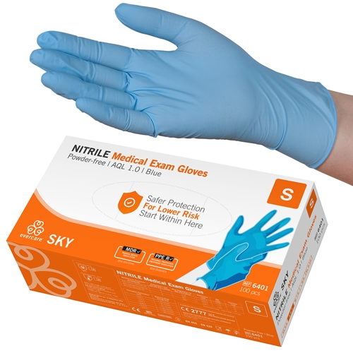 Handske us nitril evercare pf – S SKY blå AQL 1,0 – 100 st