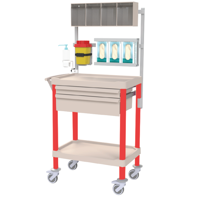 Bord 70×45 cm, 2 plan med överhylla, lådor mm – Röd
