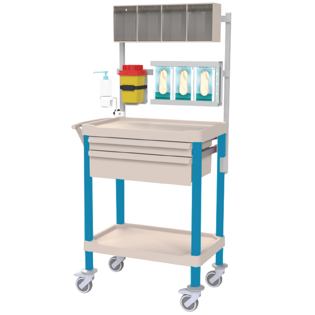 Bord 70×45 cm, 2 plan med överhylla, lådor mm – Blå