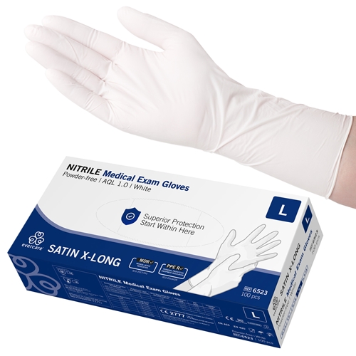 Handske us nitril evercare pf – L SATIN X-LONG vit AQL 1,0 – 100 st