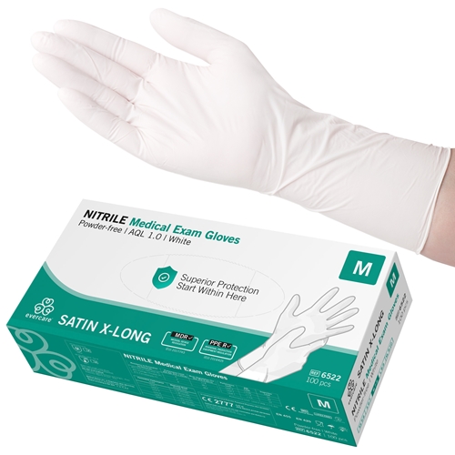 Handske us nitril evercare pf – M SATIN X-LONG vit AQL 1,0 – 100 st