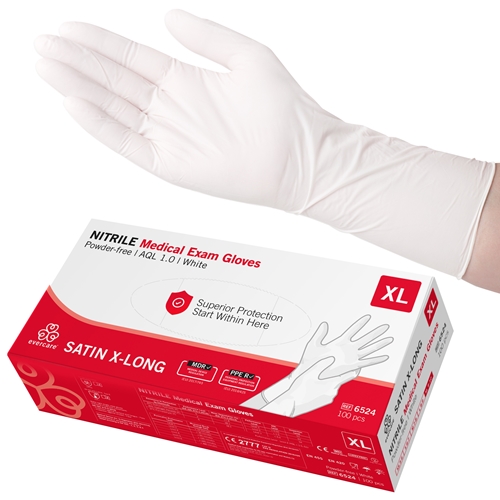 Handske us nitril evercare pf – XL SATIN X-LONG vit AQL 1,0 – 100 st