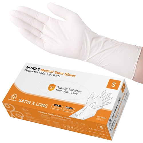 Handske us nitril evercare pf – S SATIN X-LONG vit AQL 1,0 – 100 st
