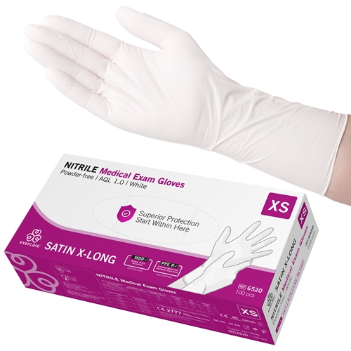 Handske us nitril evercare pf – XS SATIN X-LONG vit AQL 1,0 – 100 st