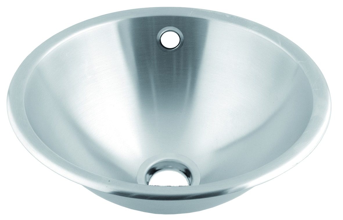 Upotettava pesuallas ruostumattomasta teräksestä – Ø305 ylivuotoaukolla – Rostfritt stål – Satin, Innermått: Ø 265mm – Yttermått: Ø 305mm – Djup: 110mm