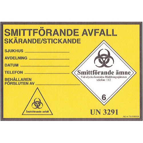 Etikett smitt/klin skär/stick – 105x152mm UN 3291 rle100