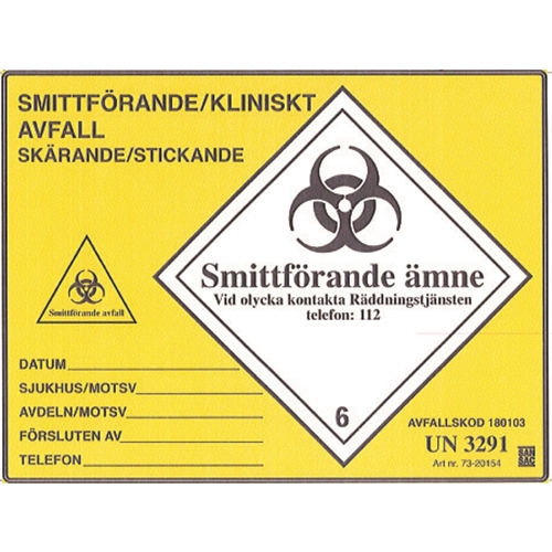 Etikett smitt/klin skär/stick – 150x200mm UN 3291 rle100