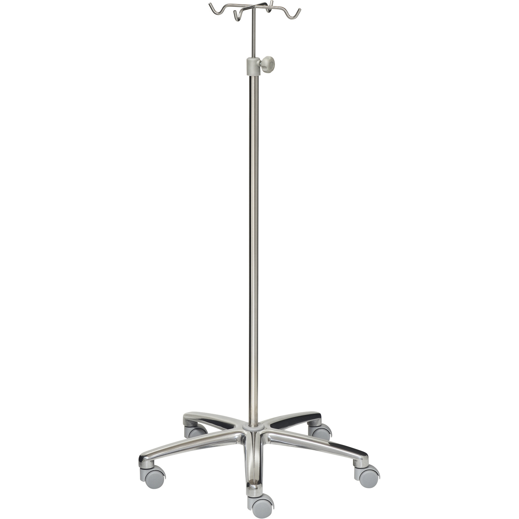 Infusionsställ – IV Stand – 4-krokar – Förkromat stål (Rostfritt) – Gråa hjul