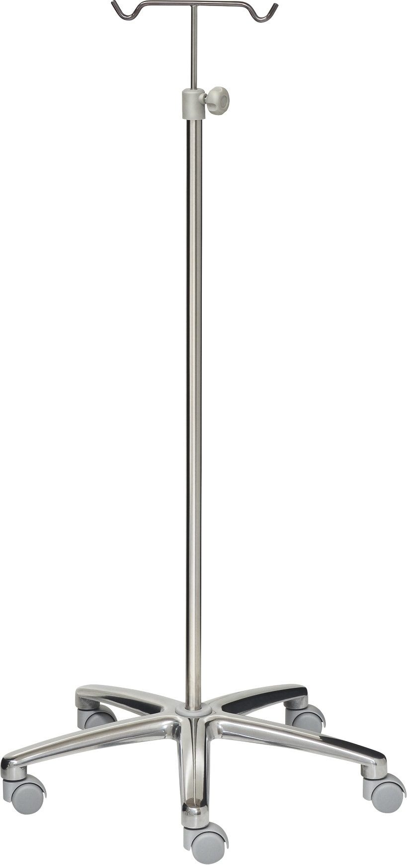 Droppställ – 2-krokar – Rostfritt stål – 640 mm aluminiumbas – Gråa hjul