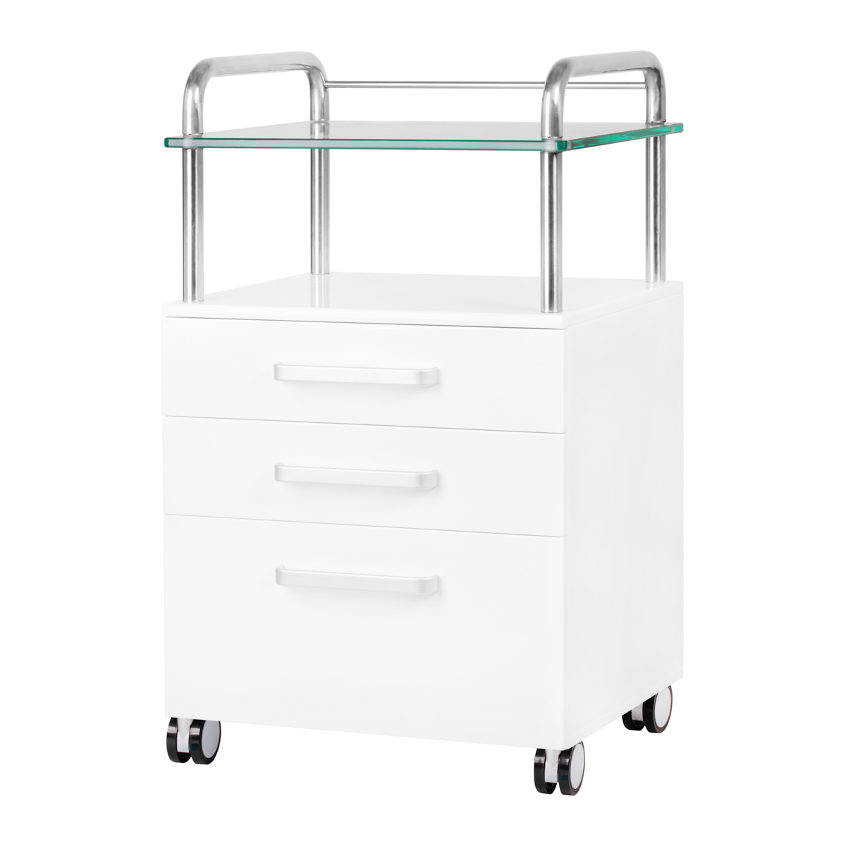 Vagn med hjul – 3 lådor och hyllplan i glas – 6053 – Vit
