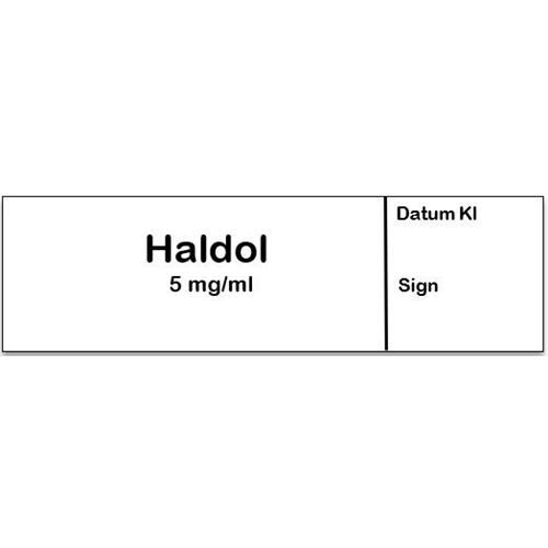 Sprutetikett Haldol 5mg/ml – 12x50mm vit med svart text – 500 st