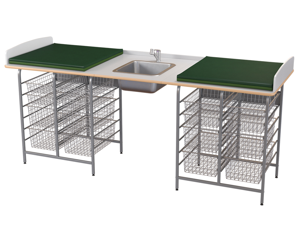 Skötbord – FAST (dyna ingår) – 1800 mm, tvättho i mitten, inkl. blandare